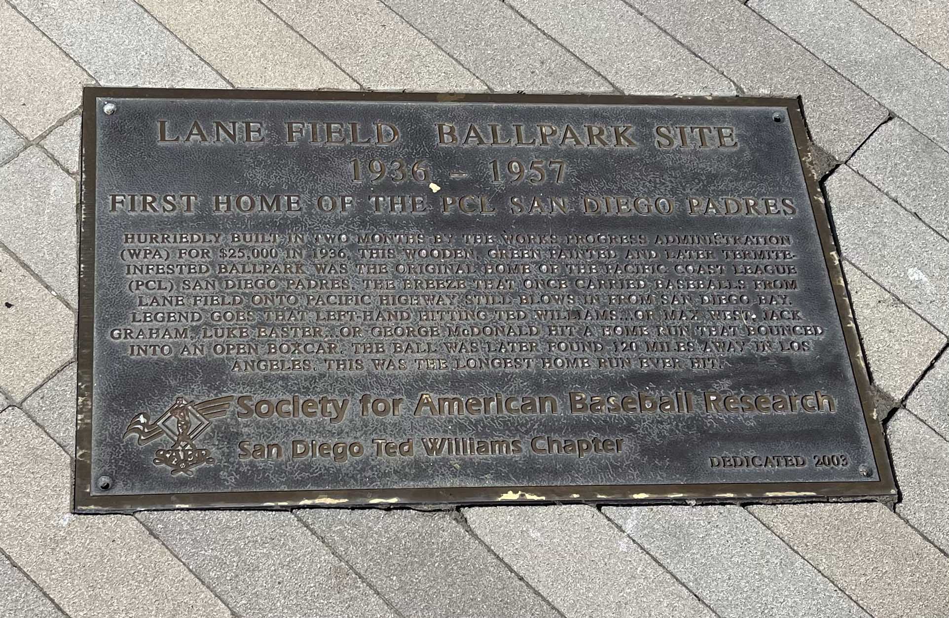 Lane Field Park dedication plate